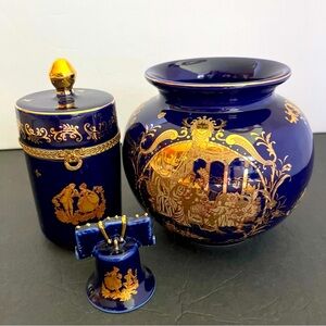 Limoges Set of 3 Blue 24 K Gold Porcelain Vase Trinket Box Bell